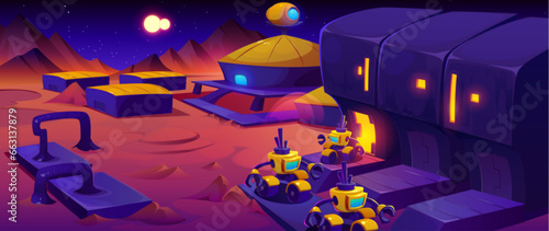 Mars alien space station cartoon vector background. Futuristic base building and martian rover robot. Secret international exploration mission for colonization. Unidentified fantasy comic bunker