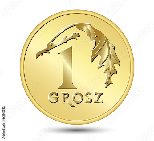 Reverse Polish money, one grosz copper coin. Vector illustration.