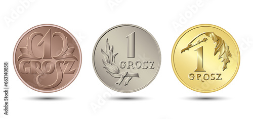 Reverse Polish money one grosz coin set. Vector illustration.