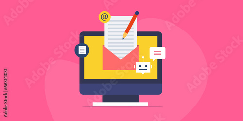AI chatbot assistant email writing conceptual artificial intelligence technology integrated with electronic mail, internet communication vector illustration web banner.