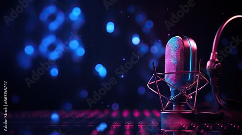 Podcast microphone in the dark with pink and blue ligthing, audio wave signal and copy space. Recording studio banner design.