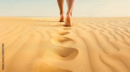 Single human barefoot footprint of right foot in brown yellow sand beach background, summer vacation or climate change concept, copy space
