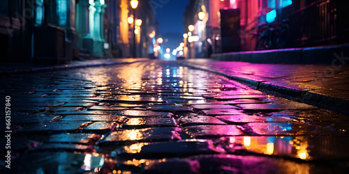 Rainy night in a big city, reflections of lights on the wet road surface. AI Generative 