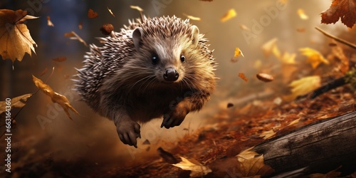 Freedom the hedgehog runs through the autumn forest dynamic scene leaves fly around the onset of autumn changes