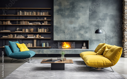 Loft home interior design of modern living room. Vibrant yellow sofa and blue lounge chair by fireplace in concrete tile wall with shelves.