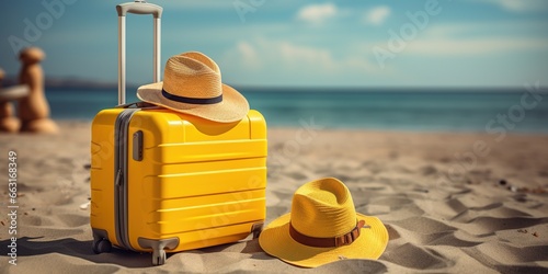 Baggage travel. yellow suitcase with travel accessories such as sunglasses, hat and camera on sea beach background.