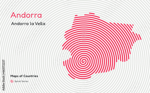 Creative map of Andorra Political map. Andorra la Vella. Capital. World Countries vector maps series. Spiral fingerprint series 