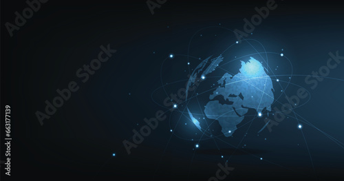 Global network technology background.World image on dark blue background.Communication technology for business.Futuristic globalization modern.3D vector illustration.