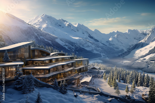 Set amidst a backdrop of towering snow-capped mountains, a luxury resort hotel stands as an inviting oasis, with ski slopes beckoning adventure seekers just a stone's throw away.