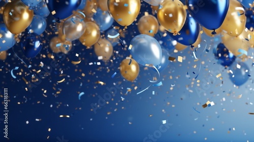 Photo of a festive arrangement of blue and gold balloons with confetti
