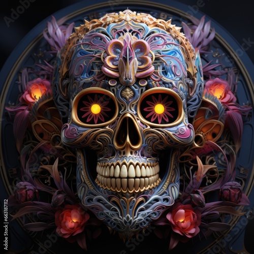 a digital illustration of a skull image with a robotic texture, AI Generative