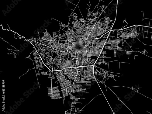 Vector road map of the city of La Rioja in Argentina with white roads on a black background.