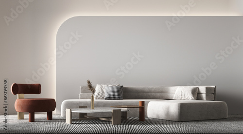 White sofa and red chair and modern coffee table against white pattern wall background. Scandinavian boho home interior design of modern living room.