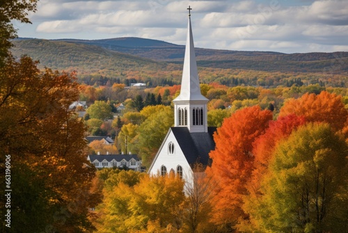 church with high steeple surrounded by autumn foliage
