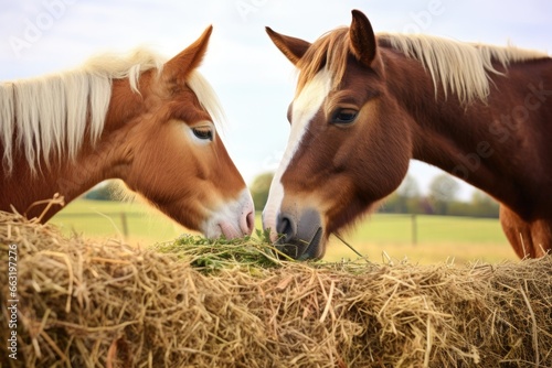 a horse and a goat eating grass from the same haystack