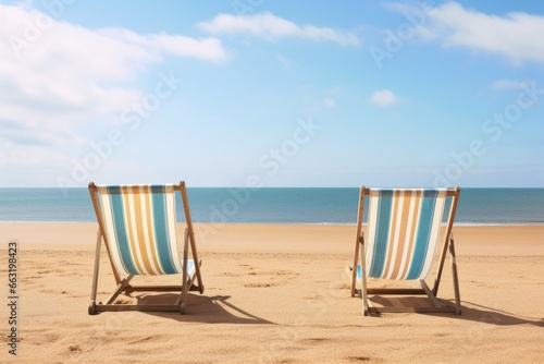 two empty deckchairs facing the ocean on a sandy beach