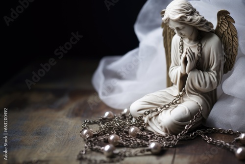 a rosary wrapped around the hands of a stone angel figurine