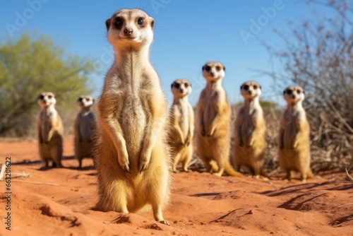 meerkats standing guard while others forage