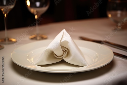 an elegantly folded napkin on a dinner plate