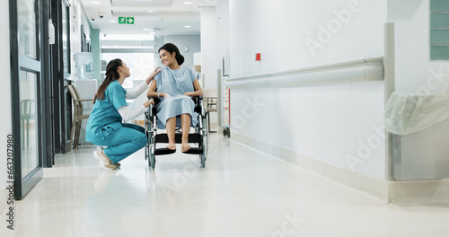 Doctor, wheelchair patient and talking people consulting over healthcare service, wellness surgery or medical support. Clinic, help and medical expert, nurse or surgeon chat to person with disability
