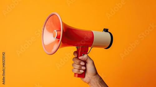 Close up hand holding megaphone, marketing and sales, orange background.