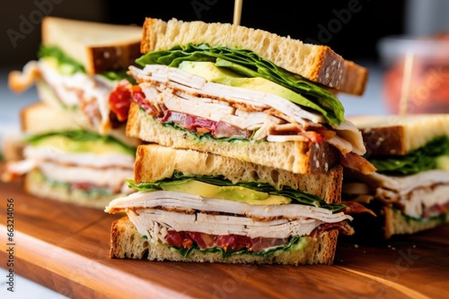 cut-away shot of a turkey club sandwich on sourdough