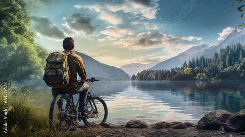 Professional mountain bike cyclist riding trail in forest, details of sports. Happy male cyclist in reach the destination or goal. cyclist saw the lake. Ai 