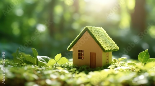 Small house model on green grass with sun light 