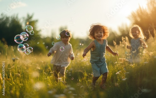 Natural Meadow Kids Playing Bubbles
