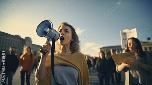A female agitator harangued with a loudhailer in a rebellion surrounded by a throng of protesters.