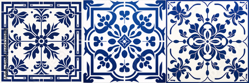This ceramic tile design showcases a beautiful damask and Victorian style in blue and white porcelain with a seamless background, a large floral frame at its centre, and Baroque art elements.