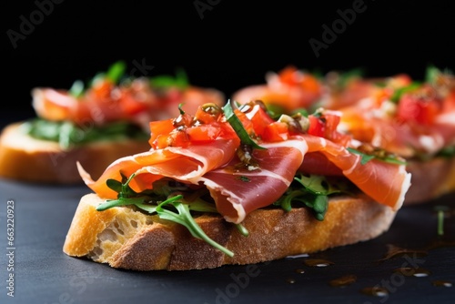 close-up of bruschetta topped with thinly sliced serrano ham