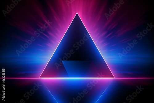 Abstract neon background with bright interacting neon triangle and dynamic stripes in modern ultraviolet lighting. Blue pink spectrum. 3D illustration. Generative AI