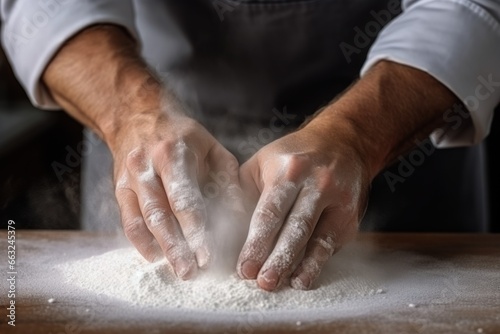 Master chef cook man hands precisely cooking dressing preparing tasty fresh delicious mouthwatering gourmet dish food on plate to customers 5-star michelin restaurant kitchen detailed artwork flour