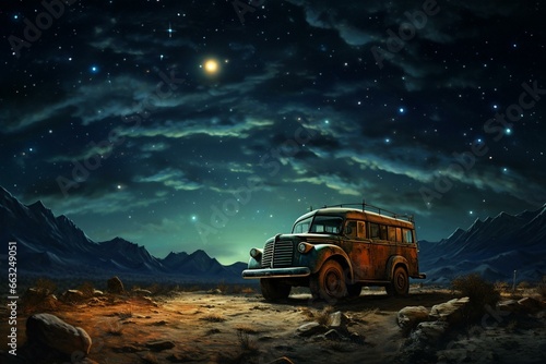 Vehicle under a starry sky. Generative AI