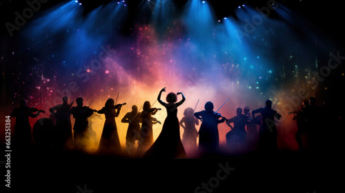 Orchestra performing in cloud colorful dust. Music day banner with musician and musical instrument on stage colorful dust background. Music event, concert classical music, symphony, colorful design