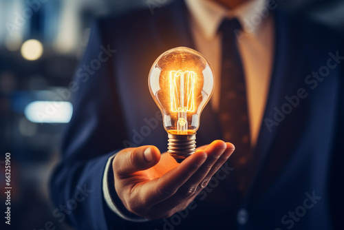 businessman holding a light bulb