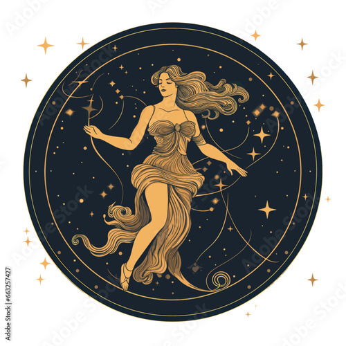 Symbol des Sternzeichen Jungfrau rund gerahmt mit Sternen vektor