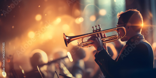 Hands of man playing the trumpet in the orchestra, Trumpet, Player, vintage, dark, A musician playing a trumpet on stage during a performance, Generative Ai