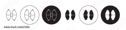 Car brake pad vector icon set in black filled and outlined style. Automobile brake icon for ui designs.