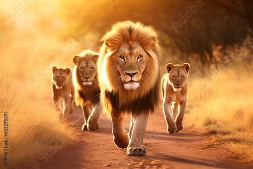 Group of lions walks through Africa