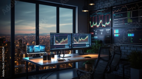 minimalist hi tech office with computers with stock market data on screens 
