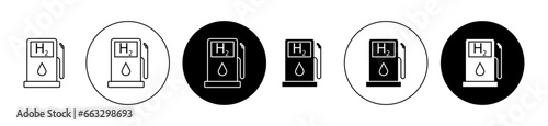 Hydrogen fuel pump icon set in black filled and outlined style. Car h2 green gas station vector symbol for ui designs.