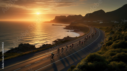 Stunning drone view of a group of cyclists riding along a scenic coastal road, their silhouettes against the backdrop of the setting sun