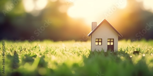 house model in the grass with lights, soft color combination style, sunlight shining in, far and deep, smooth surface, light orange and dark green.
