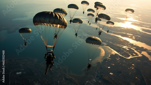 Paratrooper soldiers flying in the sky