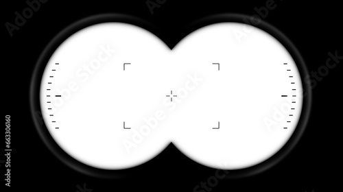 Binoculars point of view with viewfinder (looking through binoculars) isolated on white or transparent background, template for your landscapes. Png.