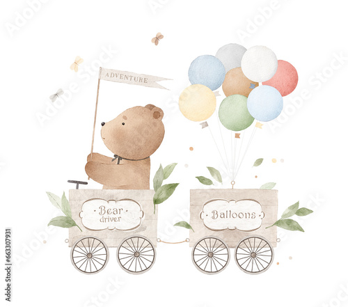 Cute bear drives a train. Teddy bear seller of balloons. Watercolor illustration. Can be used for cards, invitations, baby shower, posters.