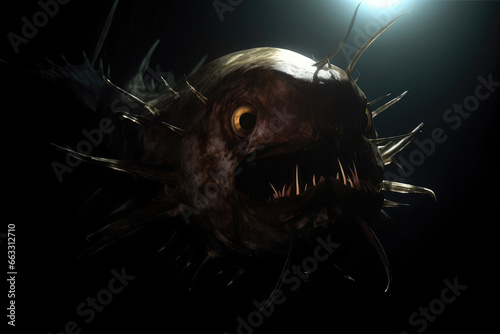 Anglerfish swimming in the dark waters of the abyssal sea. 