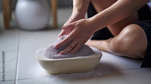 Self-pampering as a person expertly exfoliates and smooths their feet with a pumice stone. Expert foot care, silky soft results, self-care magic. Crafted with expertise. Generated by AI